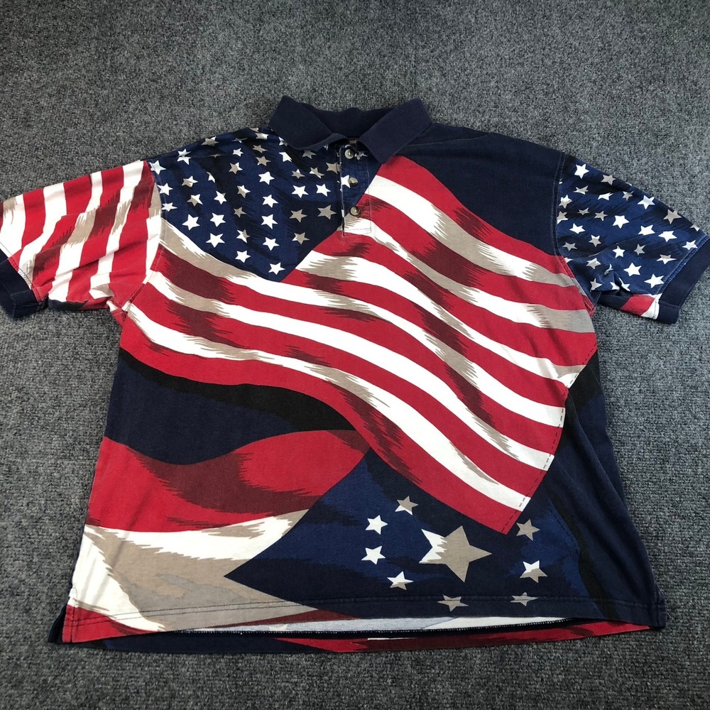 Vintage Cotton Traders American Flag Polo Rugby Shirt Men Large Short Sleeve AOP